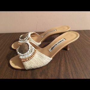 Manolo Blahnik beige beaded open toe sandals
